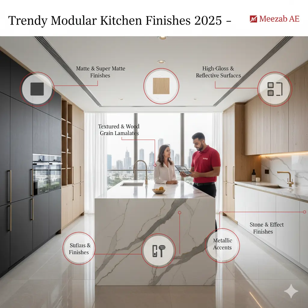 Trendy Modular Kitchen Finishes 2025  - Meezab AE interior designing company UAE